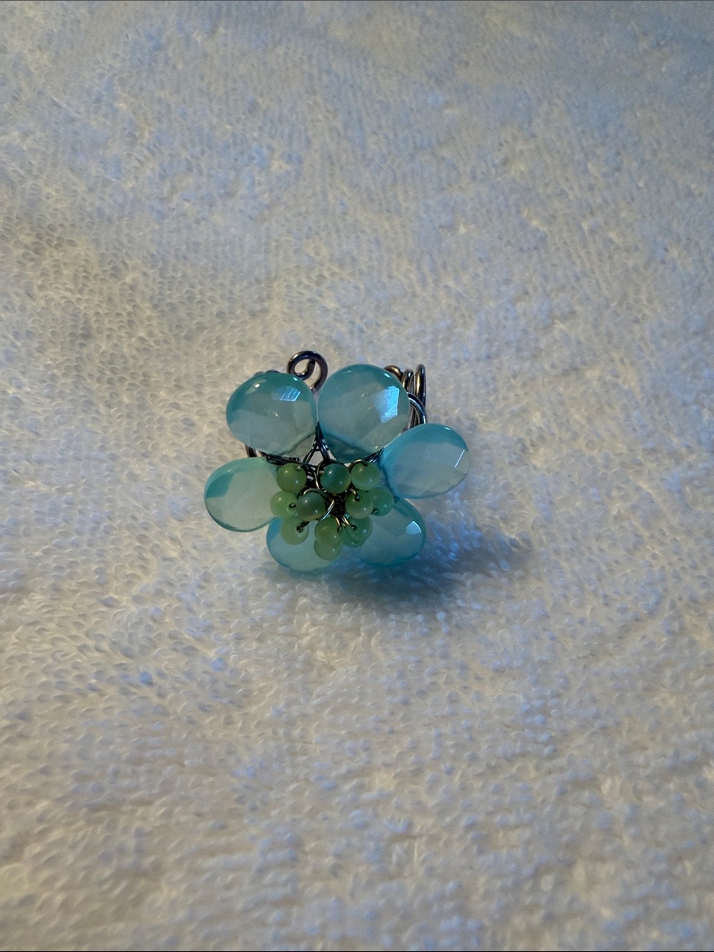 Aqua Floral Cluster Ring with Green Bead Center - Women Jewelry